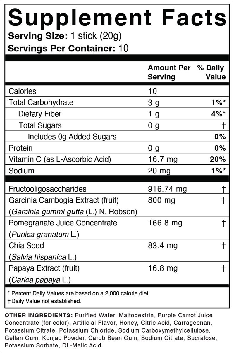 Hinuki geléstick næringsinnhold som viser kalorier, fiber og ingredienser